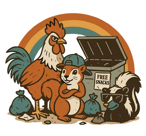 Respect The Alley Crew - animals, rooster, squirrel, skunk, dumpster, snacks, humor, camaraderie, unity, alley
