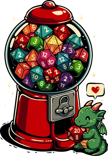 Gumball Dungeon - Retro, Weltraum, LM2 Kone, Würfel, d20, Drache, RPG, Süßigkeiten, süß, Essen, lustig, lustiges RPG-Shirt, Dungeons, Geek, Kaugummi, Kaugummiautomat, Illustration, Rollenspieler, Pop-Art