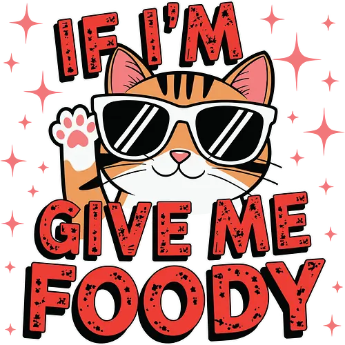 If I'm, give me foody - cat, sunglasses, cute, humorous, graphic, text, playful, stars, waving