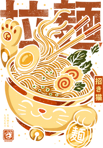 Lucky Cat Nudeln Ramen - Maneki Neko, Neko, Ramen, Japan, Anime, Manga, Glückskatze, lustig, Essen, Foodie, Ästhetik, Illustration, Nudeln, Ramen-Nudeln, cool, lm2kone