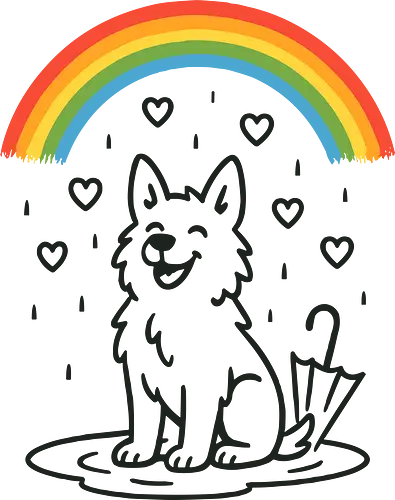 Happy Dog Under Rainbow Rain - happy dog, rainbow, rain, hearts, cute dog, dog lover, pet illustration, whimsical