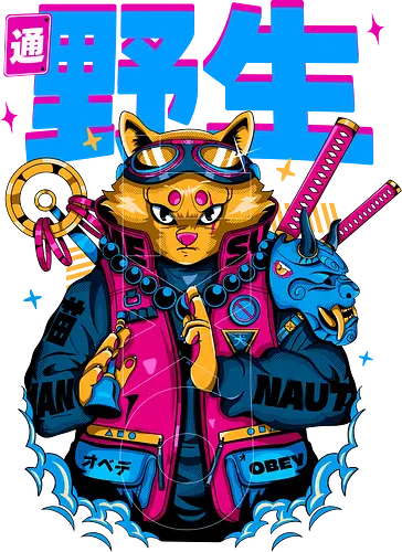 Samurai-Cyberpunk-Katze - ästhetische Katze, Anime-Samurai-Katze, Cyberpunk-Katze, dunkles Kawaii, Kawaii-Krieger, Neon City Blues, urbaner Samurai, Katze, Cyber ​​Neko, Yokai-Maske