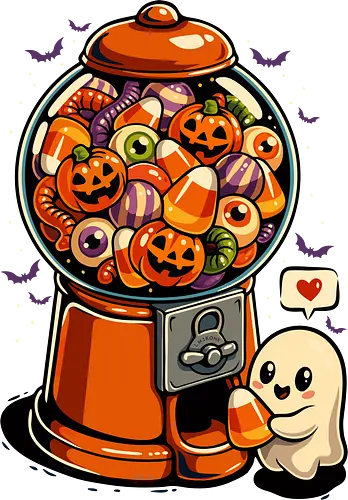 Gumball Halloween Süßigkeiten - Halloween, Kaugummi, Kaugummiautomat, Süßigkeiten, Horror, Geist, Essen, Feinschmecker, Maisbonbons, Happy Halloween, Monster, Halloween-Süßigkeiten, lustig, Pop-Art, ästhetisch, Illustration, süß