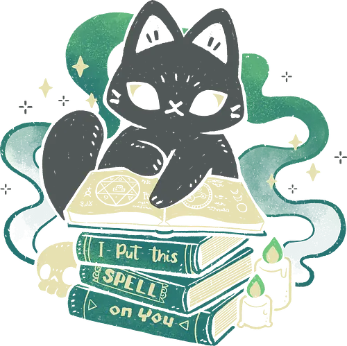 Magical Cat with Spellbook - i put a spell on you, spellbook, black magic, black cat, books, witch, witchy, enchantment, creepy cute, spooky cute, goth, witchcraft, occult, green, xmorfina