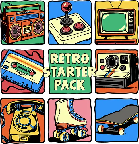 Retro Starter Pack - retro, 80s, 90s, boombox, casstte tape, gamer, joystick, music, nostalgia, nostalgic, old school, roller skates, rotary phone, starter pack, vintage