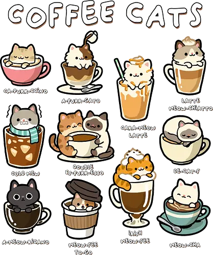 Coffee Cats - coffee cats, cafe, caffeine, cappucino, cat, cat coffee, cat lover gifts, coffee, coffee art, coffee bean, coffee cat, espresso, i love coffee, kittens, latte