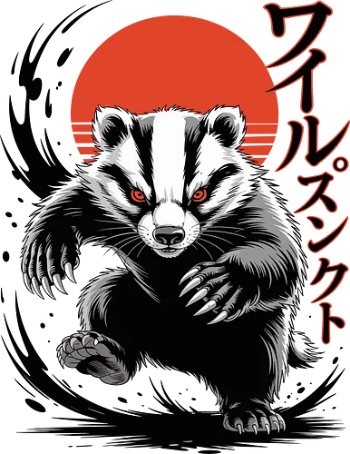 Japanese Badger | Japanischer Dachs - badger, japanese art, rising sun, animal illustration, fierce animal, samurai style, japanese typography, wildlife art, red sun, graphic design, dark art, animal warrior, streetwear art, vector illustration, japanese poster