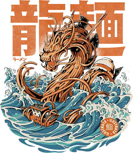 Black Great Ramen Dragon off Kanagawa - ramen, dragon, monster, kaiju, food, japan