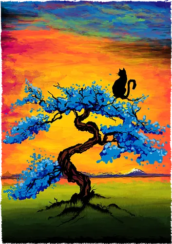 Cat watching the sunset - cat, tree, sunset, butiful